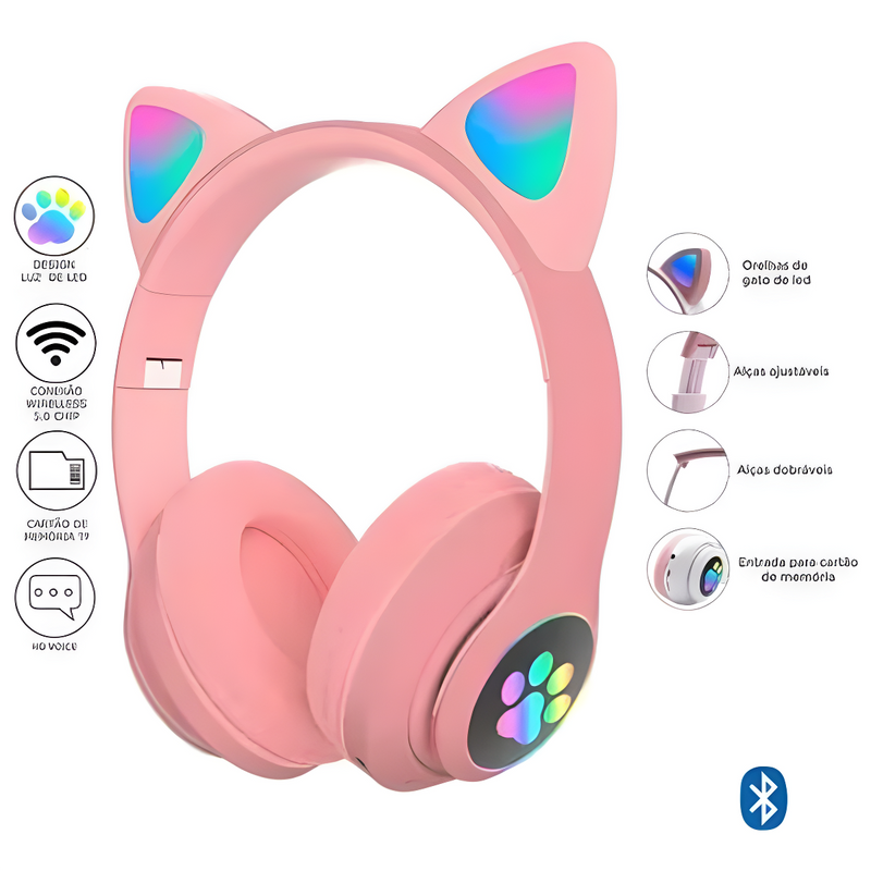 GatoFone Fone Bluetooth Orelha De Gato Led Colorido (ROSA)