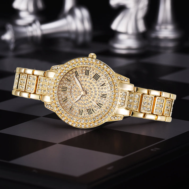 Combo Relógio Luxury-467 Mais Pulseira GoldWomen Cravejada, Promoção Pré-Black Friday